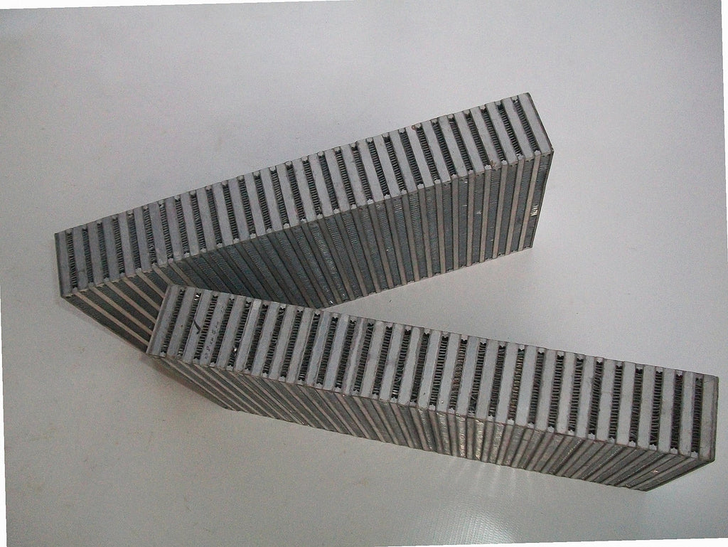 Custom Intercooler 1300 HP — intercooler core detail showing bar-and-plate fin density and TIG-welded seams