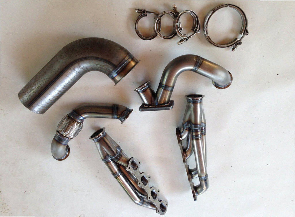 Modular 4V TO6 Turbo Race Kit — detail view of merge collector, flex bellow joint, and V-band connection