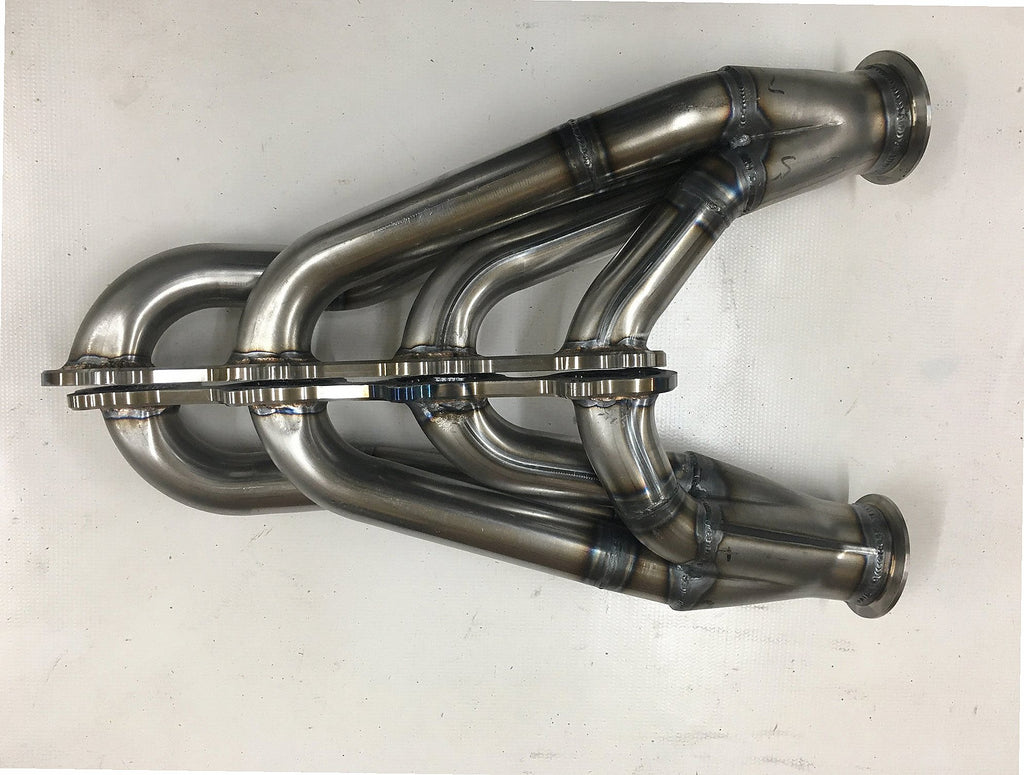 4.6 4V Motor Plate Headers — detail view of merge collector, flex bellow joint, and V-band connection