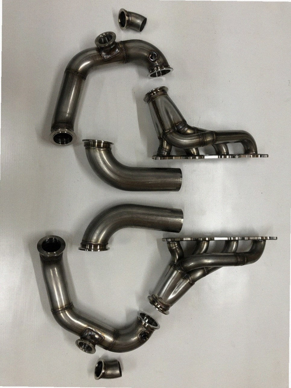 4.6 4V / Twin Mirror Image Turbo Hotside — complete turbo hot-side kit with mild steel tubular headers, crossover pipe with flex bellow, starter downpipe, and turbo mount flange