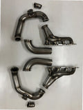 4.6 4V / Twin Mirror Image Turbo Hotside — complete turbo hot-side kit with mild steel tubular headers, crossover pipe with flex bellow, starter downpipe, and turbo mount flange
