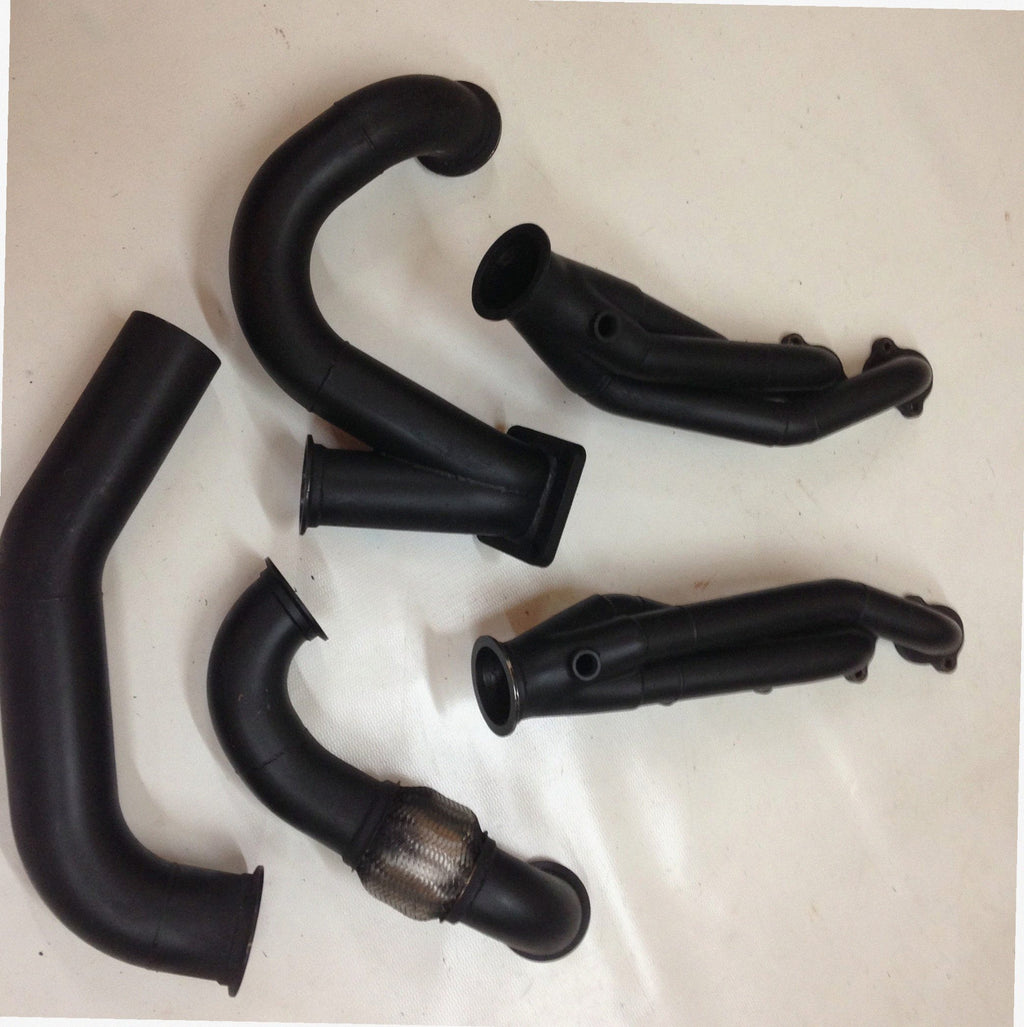 4.6 4V Turbo Street / Drag Kit A/C Delete — complete turbo hot-side kit with mild steel tubular headers, crossover pipe with flex bellow, starter downpipe, and turbo mount flange