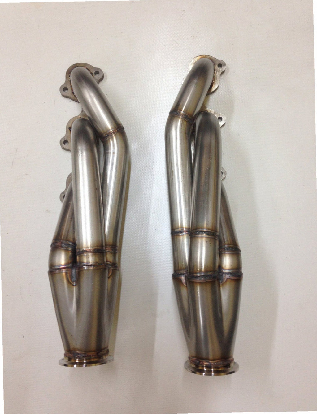 4.6 4V Facing Forward Headers — facing-forward tubular turbo headers in mild steel with V-band flanges and CNC head flanges