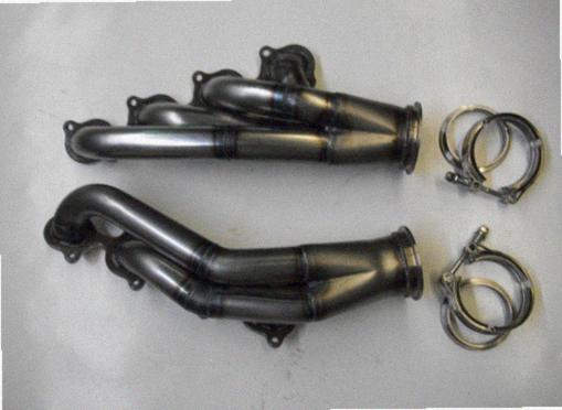 GT500 Turbo Headers — facing-forward tubular turbo headers in mild steel with V-band flanges and CNC head flanges