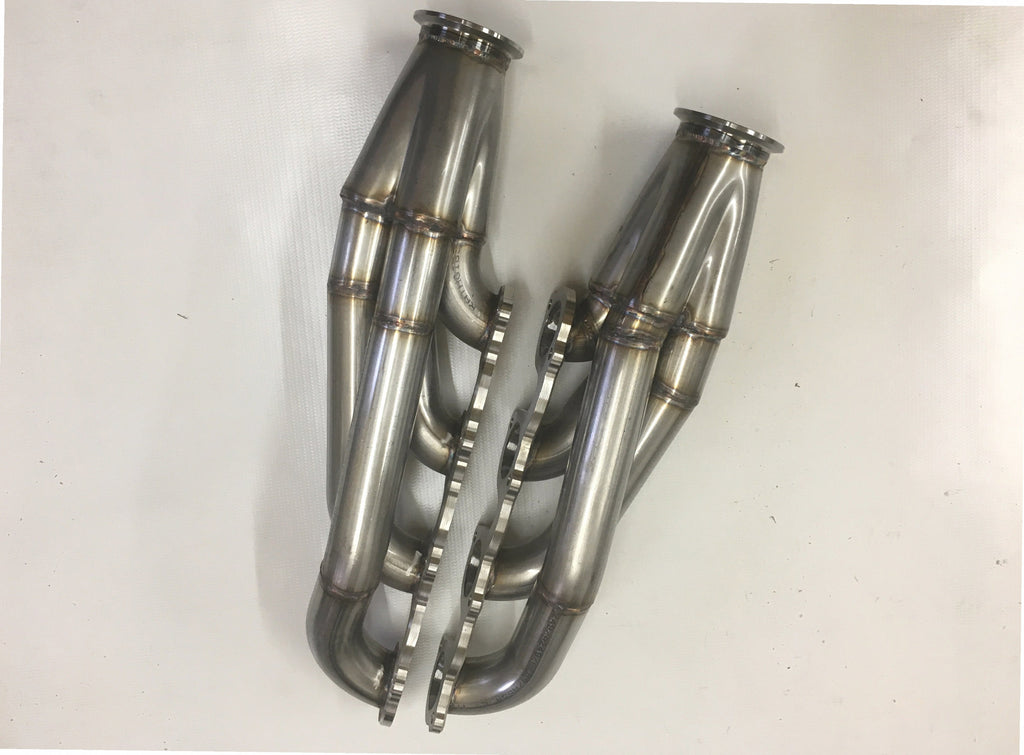 4.6 2V Facing Forward Headers — facing-forward tubular turbo headers in mild steel with V-band flanges and CNC head flanges