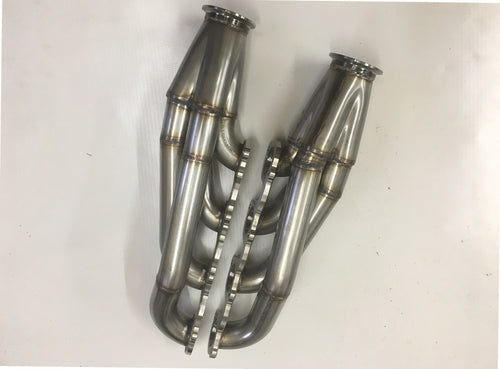 4.6 2V Facing Forward Headers — facing-forward tubular turbo headers in mild steel with V-band flanges and CNC head flanges