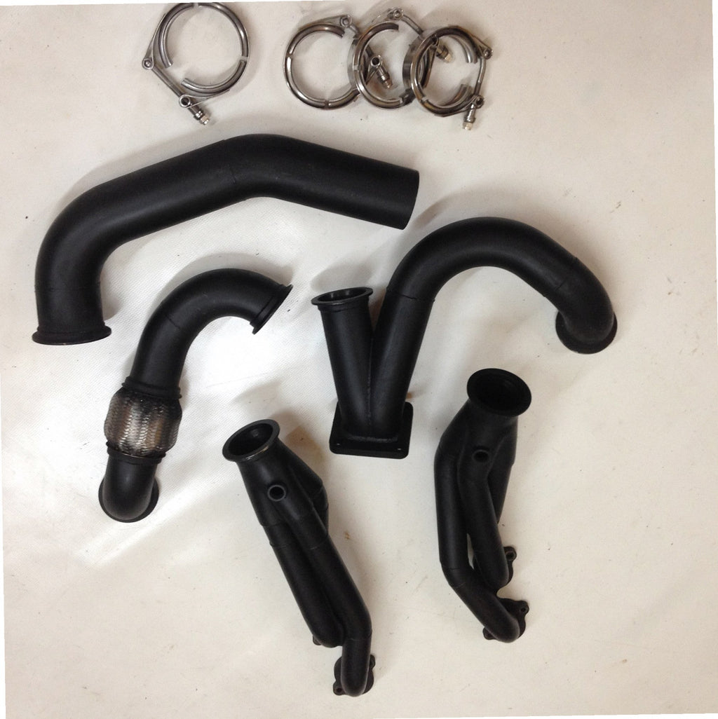 4.6 4V Turbo Street / Drag Kit A/C Delete — passenger-side header with V-band flange and merge collector