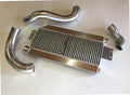 5.0 Coyote Single TO4 Turbo 15-18 Intercooler Kit — aluminum bar-and-plate intercooler core with mandrel-bent aluminum cold-side piping