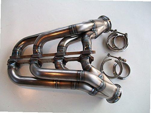 5.0 Mustang Turbo Headers — facing-forward tubular turbo headers in mild steel with V-band flanges and CNC head flanges