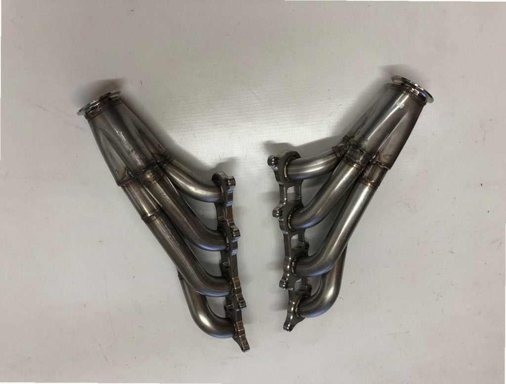 Coyote Swap Motor Plate Headers — complete turbo hot-side kit with mild steel tubular headers, crossover pipe with flex bellow, starter downpipe, and turbo mount flange