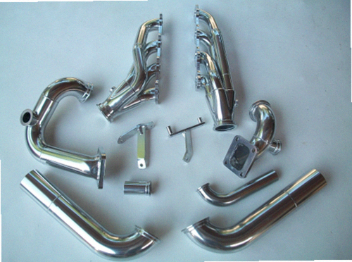 4.6 2V Twin Turbo Hotside — complete turbo hot-side kit with mild steel tubular headers, crossover pipe with flex bellow, starter downpipe, and turbo mount flange