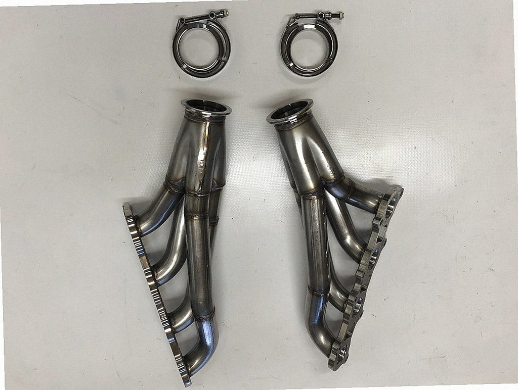 Coyote Swap Motor Plate Headers — detail view of merge collector, flex bellow joint, and V-band connection
