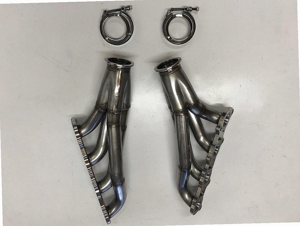 Coyote Swap Motor Plate Headers — detail view of merge collector, flex bellow joint, and V-band connection