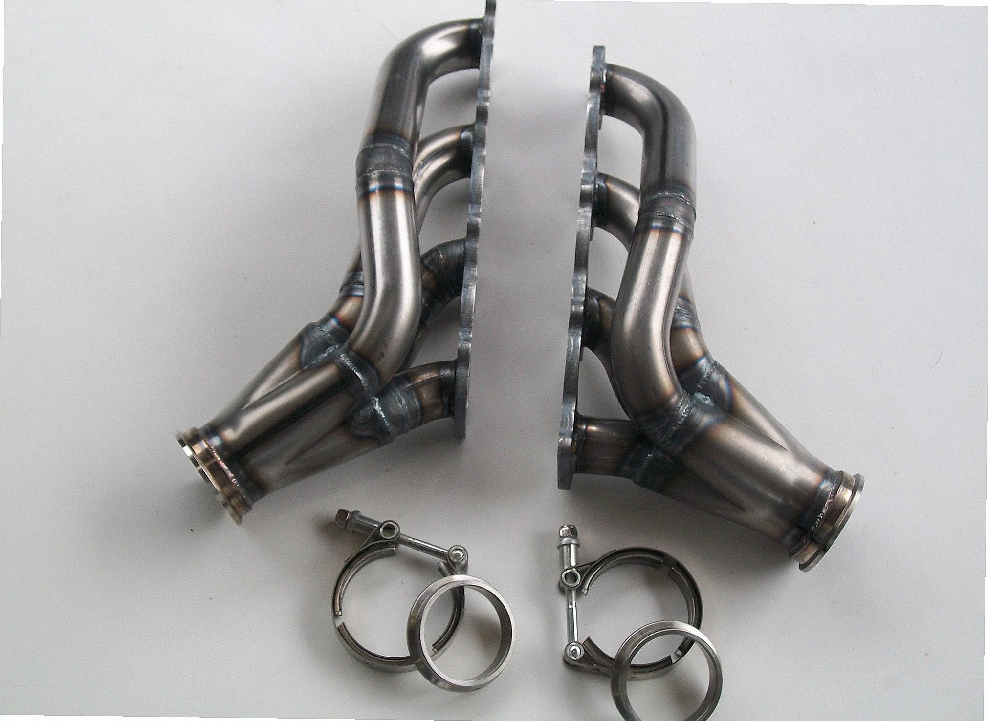 4.6 2V Turbo Headers A/C Delete — passenger-side header with V-band flange and merge collector