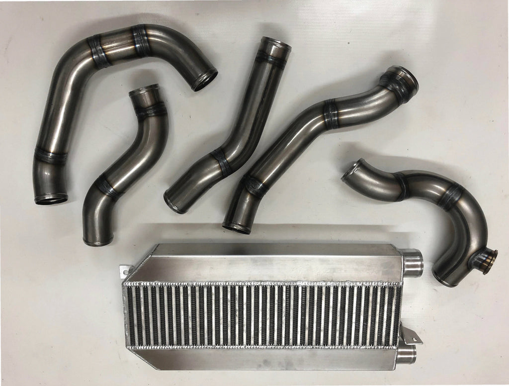 94/95 Intercooler Kit — aluminum bar-and-plate intercooler core with mandrel-bent aluminum cold-side piping