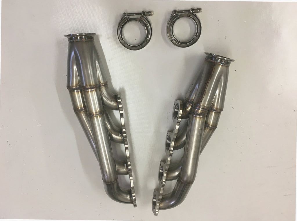 4.6 2V Facing Forward Headers — detail view of merge collector, flex bellow joint, and V-band connection