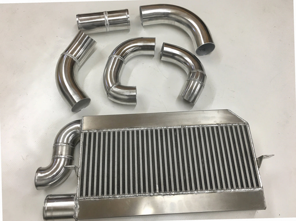 Single Turbo 2V Intercooler Kit — aluminum bar-and-plate intercooler core with mandrel-bent aluminum cold-side piping