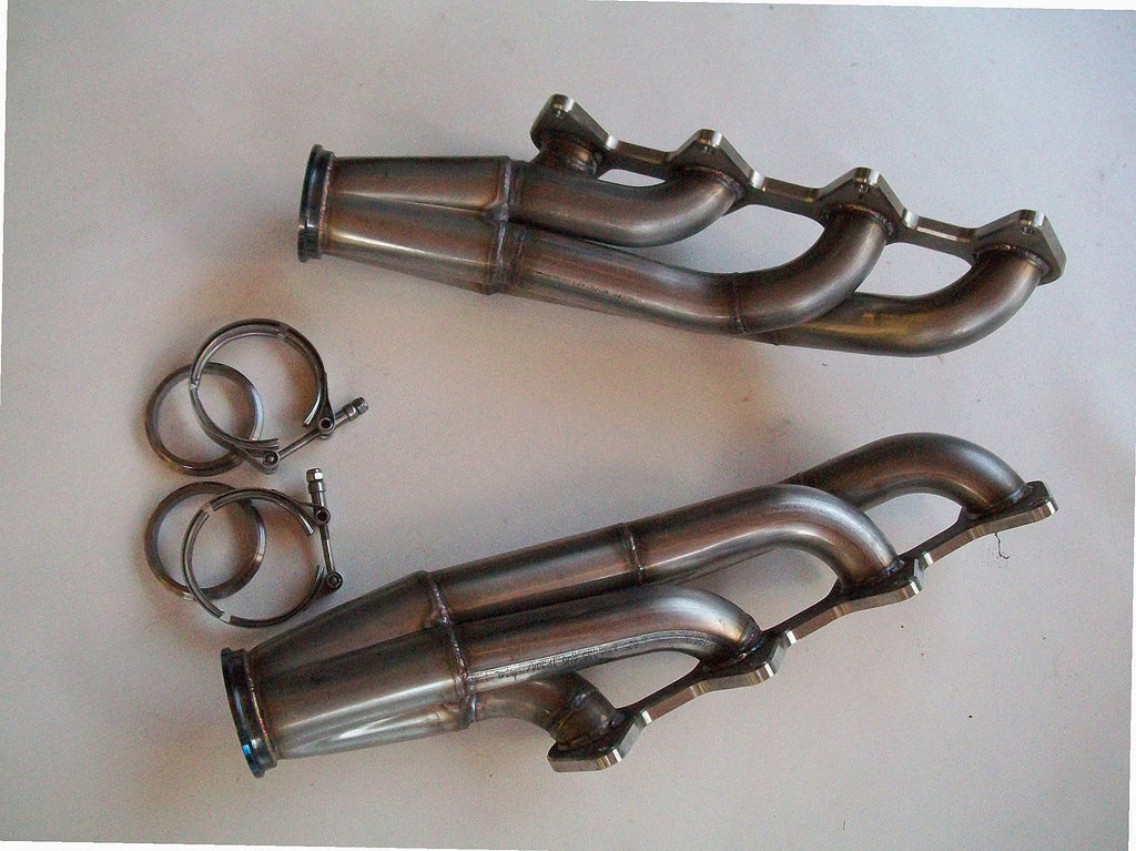 3 Valve Racing Turbo Headers — detail of crossover pipe, flex bellow, or starter downpipe