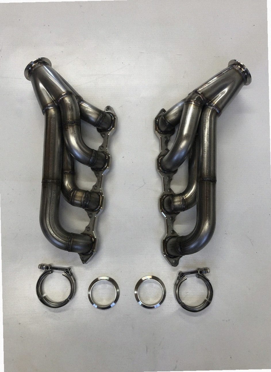 5.0 Mustang Shorty Headers — rear-facing tubular shorty headers with merge collector and V-band outlet