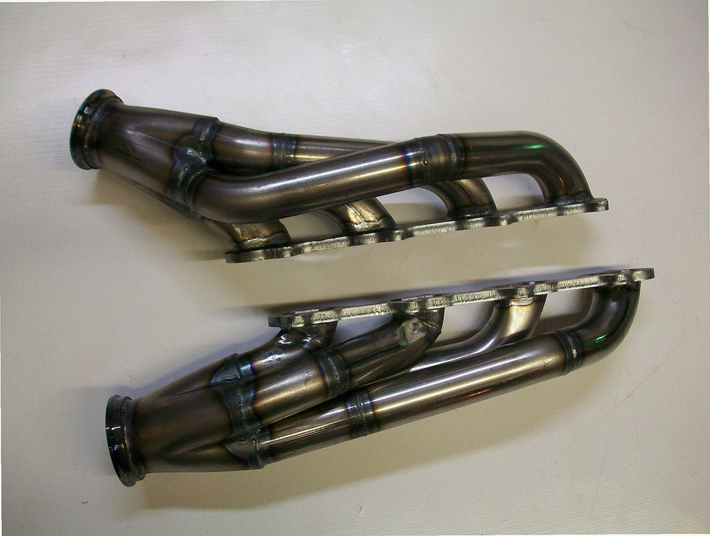 4.6 4V Turbo Headers A/C Delete Pulley — passenger-side header with V-band flange and merge collector