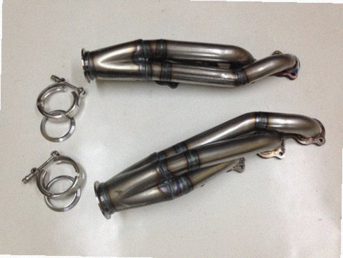 5.4 4V Facing Forward Headers — facing-forward tubular turbo headers in mild steel with V-band flanges and CNC head flanges