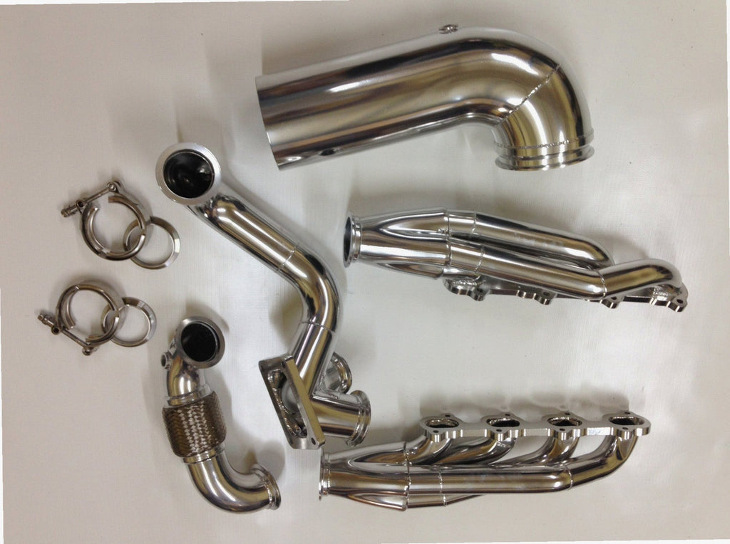 5.4 4V Turbo Street / Drag Kit — detail view of merge collector, flex bellow joint, and V-band connection