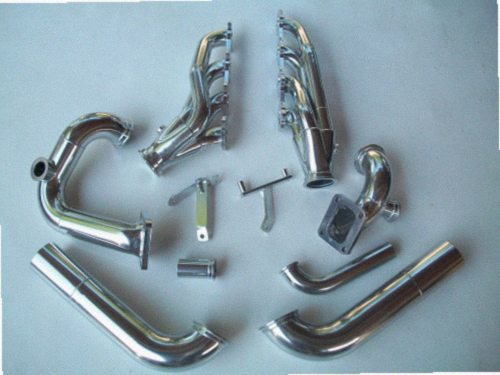 4.6 4V Twin Turbo Hotside — complete turbo hot-side kit with mild steel tubular headers, crossover pipe with flex bellow, starter downpipe, and turbo mount flange