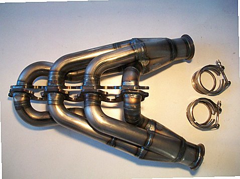 Big Block Ford Turbo Headers — facing-forward tubular turbo headers in mild steel with V-band flanges and CNC head flanges