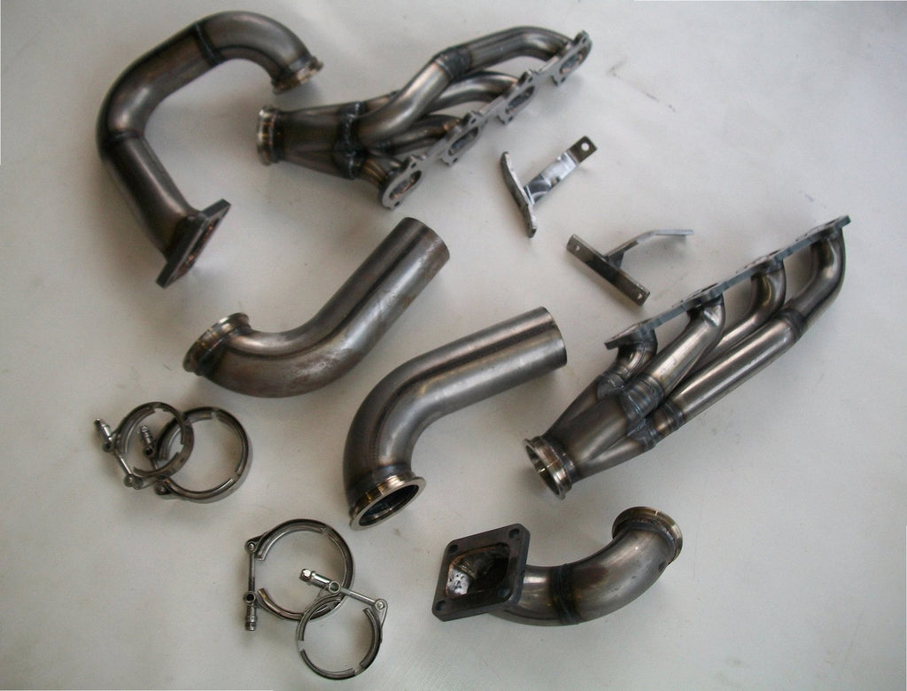 4.6 4V Twin Turbo Hotside — detail view of merge collector, flex bellow joint, and V-band connection