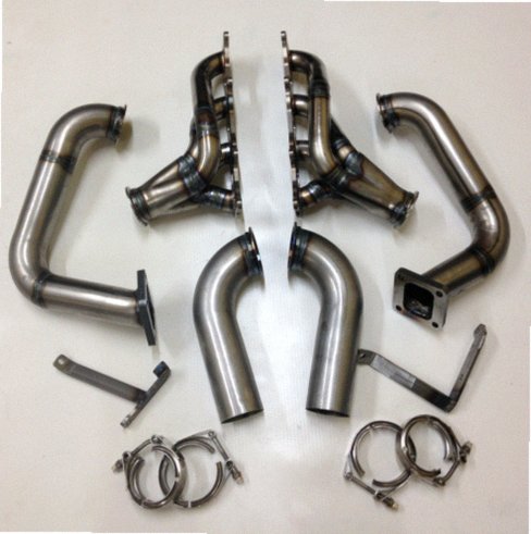 Coyote Swap / Twin Turbo Hotside — complete turbo hot-side kit with mild steel tubular headers, crossover pipe with flex bellow, starter downpipe, and turbo mount flange