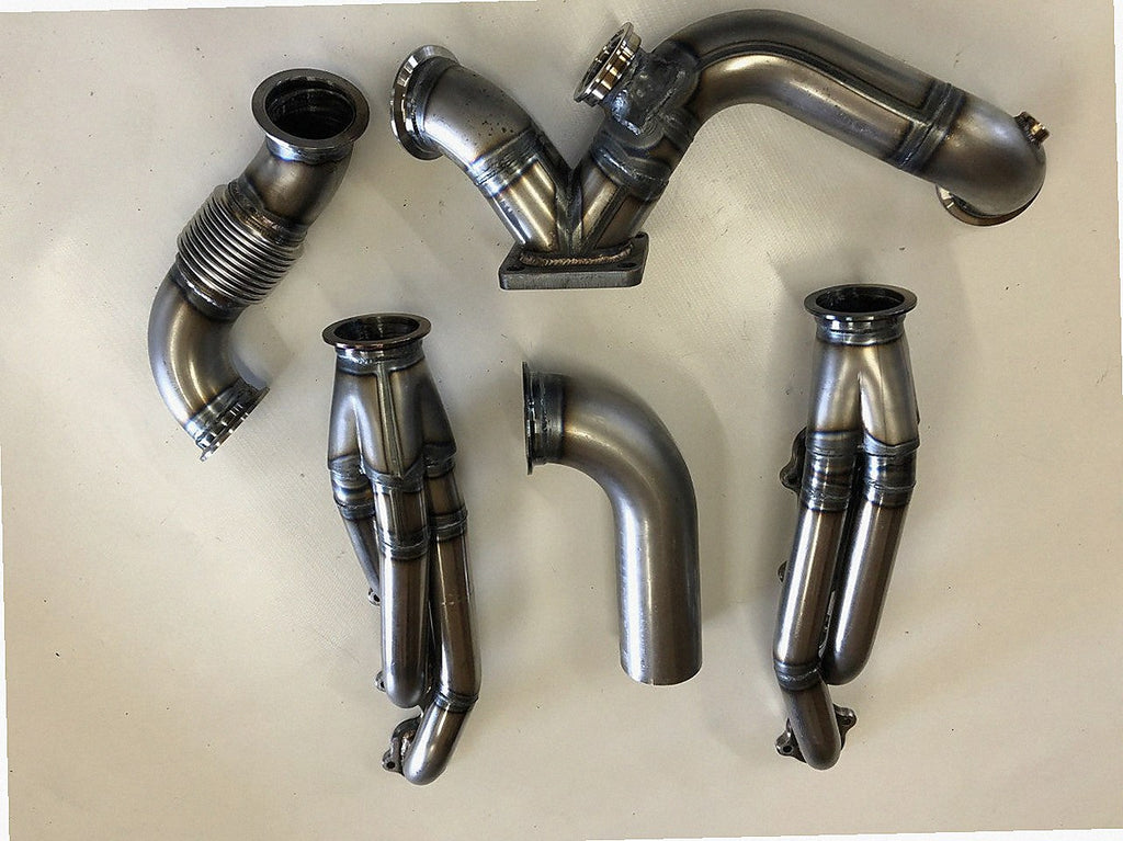 5.4 2V Turbo Street / Drag Kit — complete turbo hot-side kit with mild steel tubular headers, crossover pipe with flex bellow, starter downpipe, and turbo mount flange