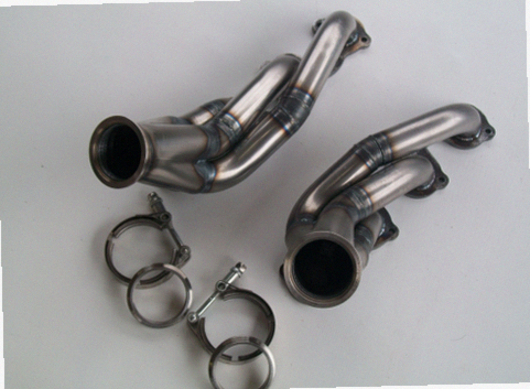 4.6 2V Turbo Headers A/C Delete — facing-forward tubular turbo headers in mild steel with V-band flanges and CNC head flanges