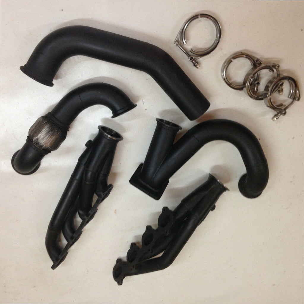 4.6 4V Turbo Street / Drag Kit A/C Delete — detail view of merge collector, flex bellow joint, and V-band connection