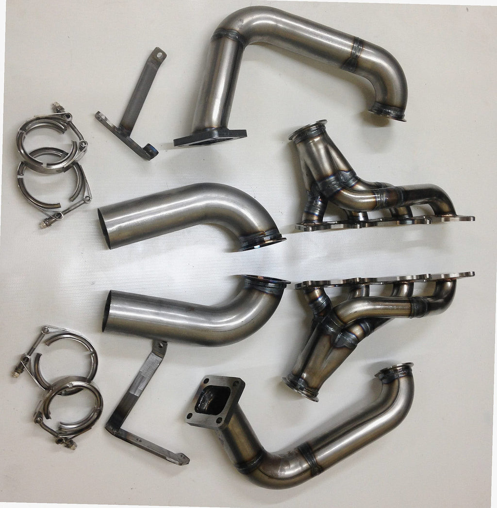 Coyote Swap / Twin Turbo Hotside — detail view of merge collector, flex bellow joint, and V-band connection