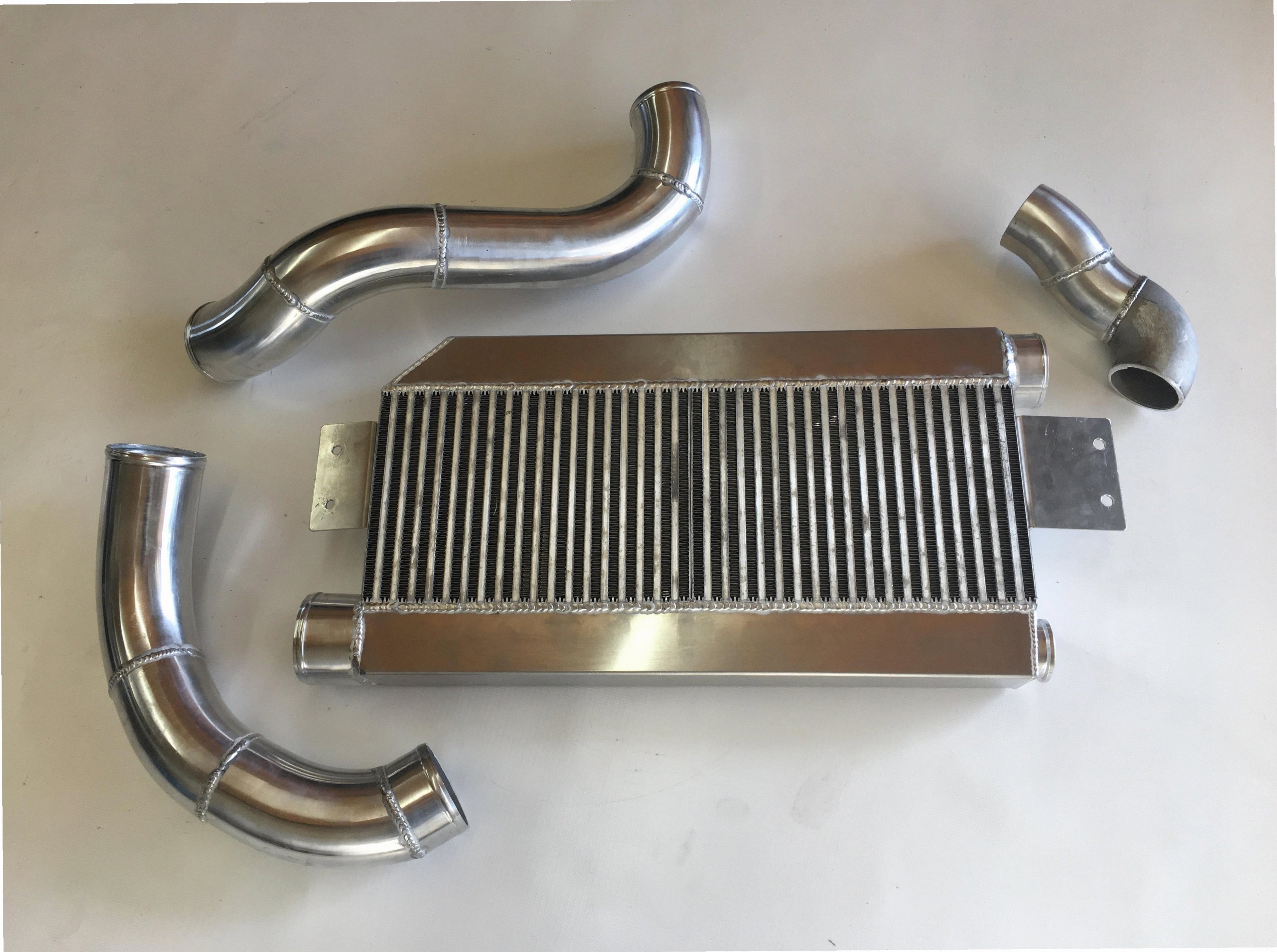 5.0 Coyote Single TO4 Turbo 15-18 Intercooler Kit — hot-side intercooler piping with mandrel bends and silicone couplers