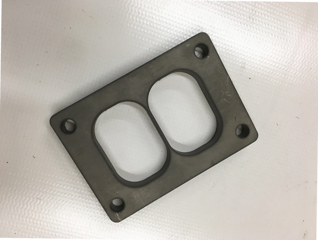 TO6 Divided Flange — CNC-machined stainless steel turbine inlet flange, multi-axis milled for turbocharger fitment