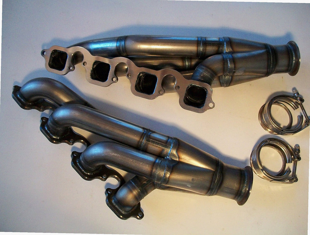 Big Block Ford Turbo Headers — detail view of merge collector, flex bellow joint, and V-band connection