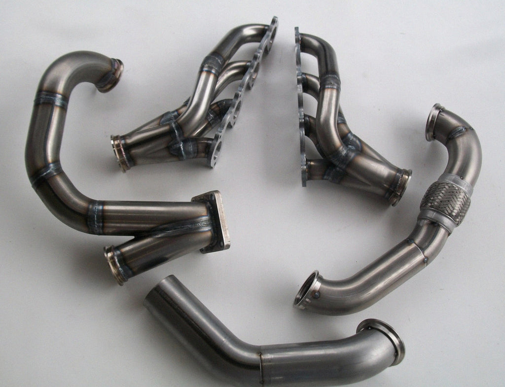 4.6 2V Turbo Fox Body Race Kit — complete turbo hot-side kit with stainless steel tubular headers, crossover pipe with flex bellow, starter downpipe, and turbo mount flange