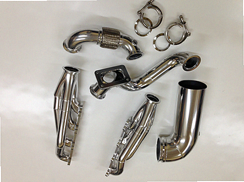 5.4 4V Turbo Street / Drag Kit — complete turbo hot-side kit with mild steel tubular headers, crossover pipe with flex bellow, starter downpipe, and turbo mount flange