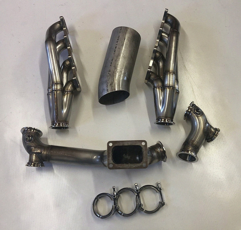 3V TO6 Racing Kit — complete turbo hot-side kit with mild steel tubular headers, crossover pipe with flex bellow, starter downpipe, and turbo mount flange
