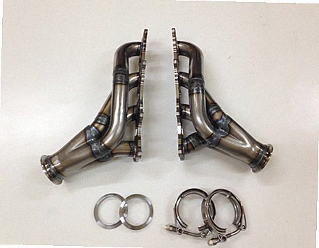 Coyote Swap Turbo Headers — complete turbo hot-side kit with mild steel tubular headers, crossover pipe with flex bellow, starter downpipe, and turbo mount flange