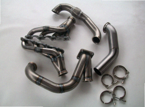 4.6 2V Turbo Street / Drag Kit — complete turbo hot-side kit with mild steel tubular headers, crossover pipe with flex bellow, starter downpipe, and turbo mount flange