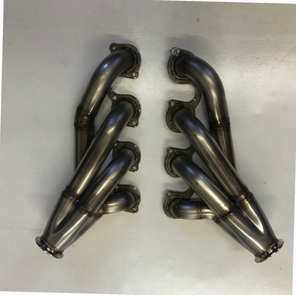 Small Block Ford Motor Plate Turbo Headers — facing-forward tubular turbo headers in mild steel with V-band flanges and CNC head flanges