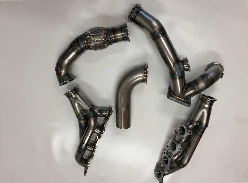 Coyote Turbo Swap Passenger Side Street/Drag Kit — detail view of merge collector, flex bellow joint, and V-band connection