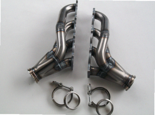 4.6 2V Turbo Headers — facing-forward tubular turbo headers in mild steel with V-band flanges and CNC head flanges