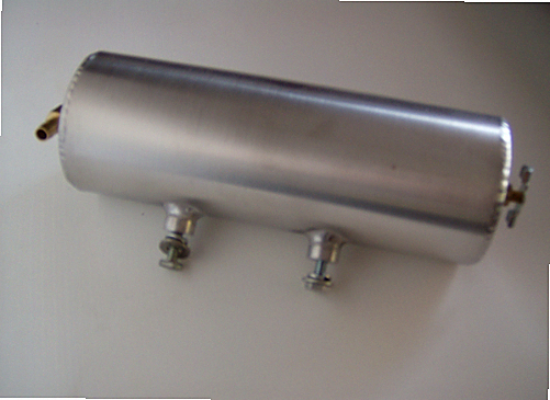 Radiator Catch Can — fabricated aluminum radiator catch can with 1/8 NPT drain valve and 1/4-20 mounting bungs