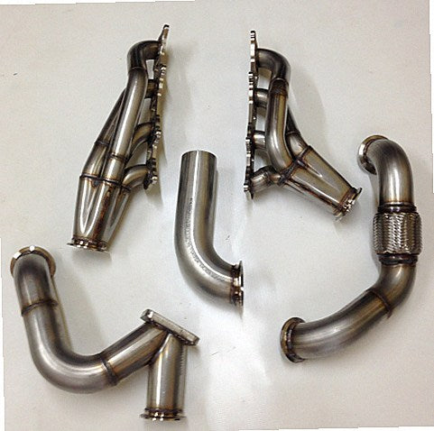 Coyote Swap Drag Kit — complete turbo hot-side kit with mild steel tubular headers, crossover pipe with flex bellow, starter downpipe, and turbo mount flange