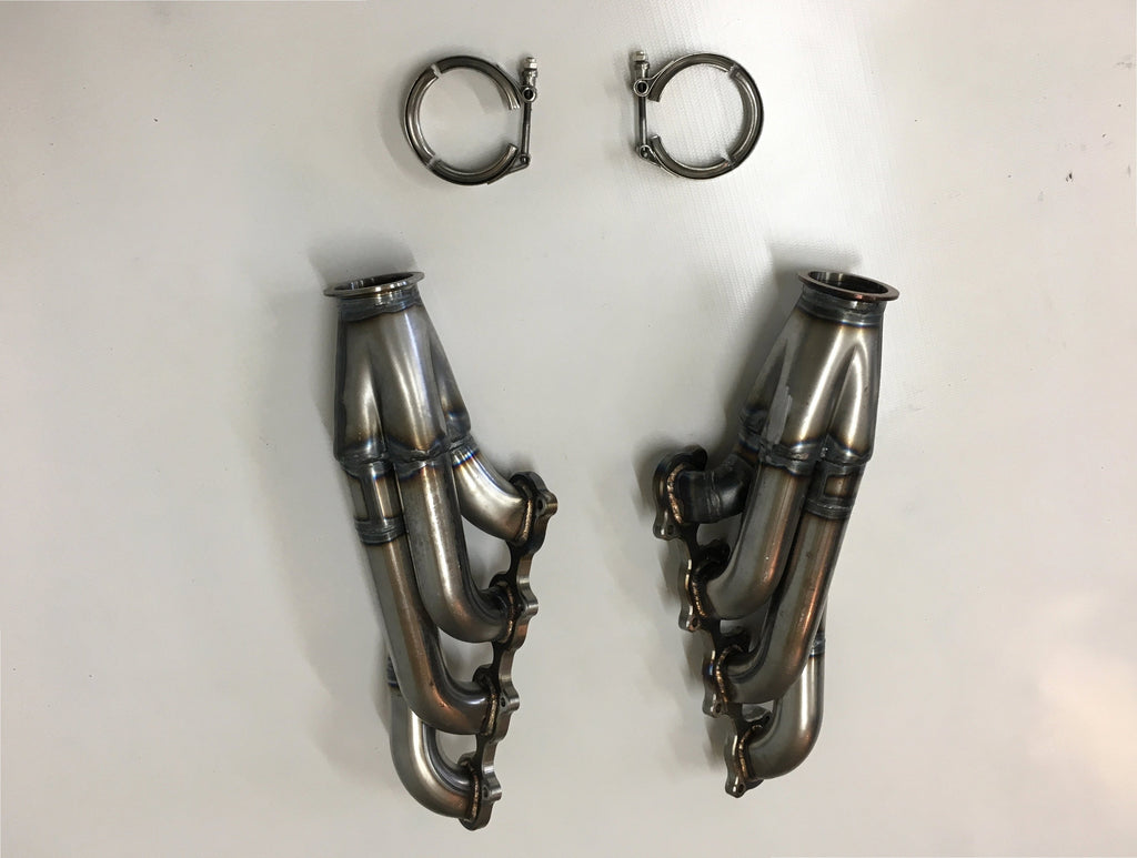 GT500 Turbo Headers Swap/Motor Plates — detail view of merge collector, flex bellow joint, and V-band connection