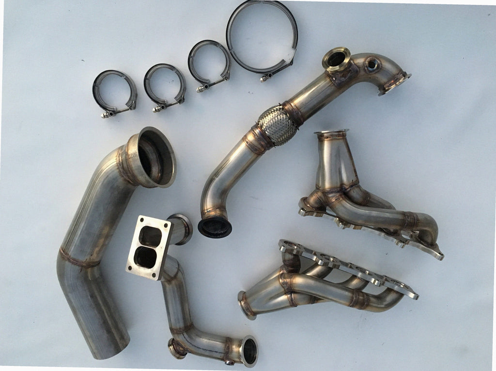 Coyote Swap TO6 Turbo Race Kit — detail view of merge collector, flex bellow joint, and V-band connection