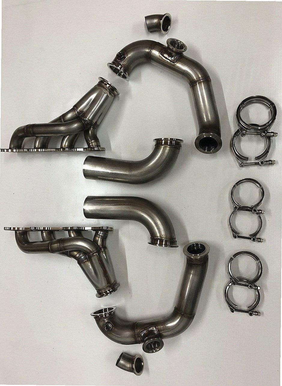 4.6 4V / Twin Mirror Image Turbo Hotside — passenger-side header with V-band flange and merge collector